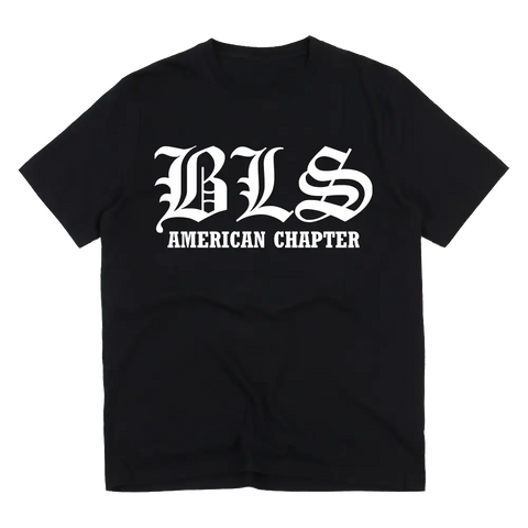 Black T-shirt featuring white BLS AMERICAN CHAPTER text, American Chapter Tee design