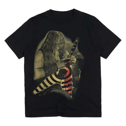 Black t-shirt with rock guitarist and striped electric guitar from Bleed Black Label