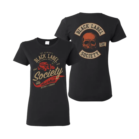 Two black Blessed Hellride Rat Rod t-shirts with skull and text graphics