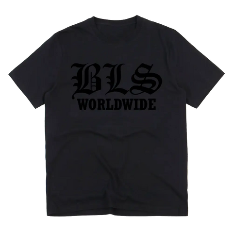 Black T-shirt featuring BLS WORLDWIDE in gothic style for Worldwide Black Friday