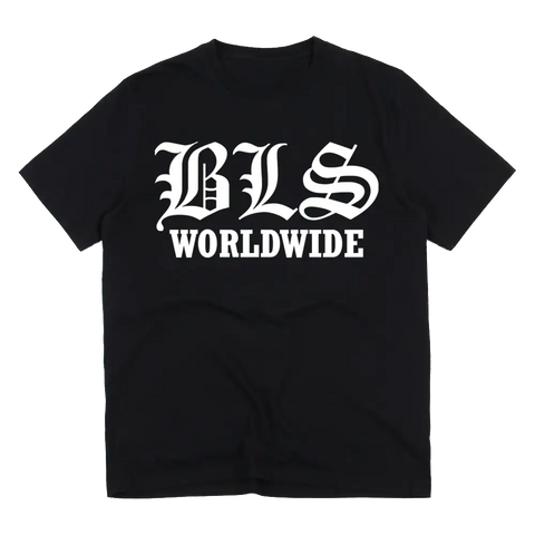 Black T-shirt with white BLS Worldwide text, perfect for Black Label Society fans