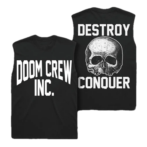 Two Doom Crew Black Athletic Muscle Tees with white text and skull graphic