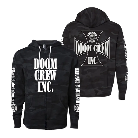 Black Camo Zip Hoodie featuring Doom Crew Inc. text and skull logo design