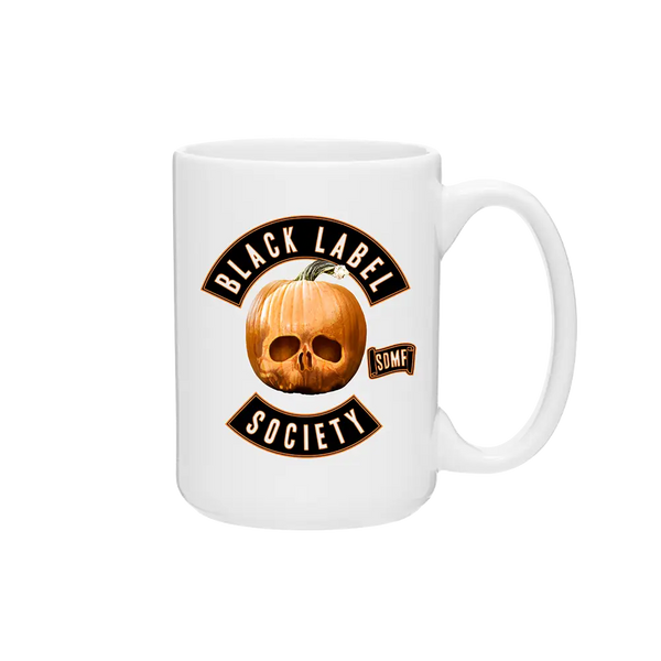 White ceramic mug with Black Label Society logo and pumpkin skull for Hallows Eve Chapter