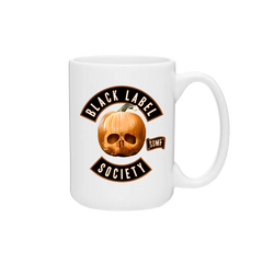 White ceramic mug with Black Label Society logo and pumpkin skull for Hallows Eve Chapter