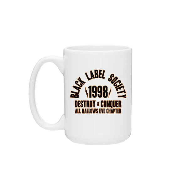 White ceramic mug with Black Label Society 1998 Destroy & Conquer Hallows Eve Chapter design