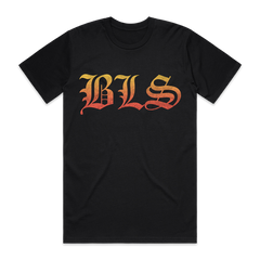 BLS Summer 2024 black tee featuring yellow and red gothic-style lettering