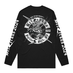 Black Berzerkus 2024 Longsleeve tee with skull and lightning bolt design, intended ship date