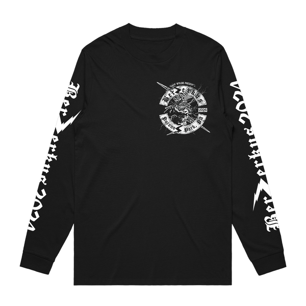 Black Berzerkus 2024 longsleeve tee with white graphics, intended ship date included