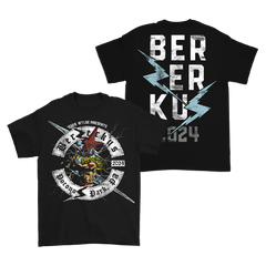 Two black graphic t-shirts for Berzerkus 2024 with ship date October 7th