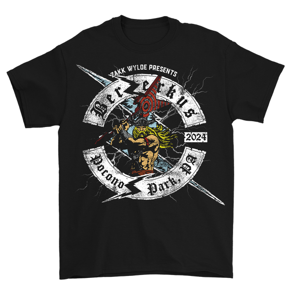 Black Berzerkus 2024 T-Shirt with skeleton guitarist graphic, ship date October 7th