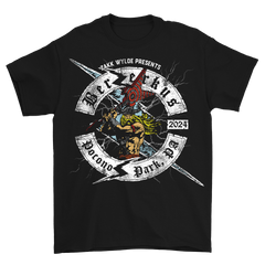 Black Berzerkus 2024 T-Shirt with skeleton guitarist graphic, ship date October 7th