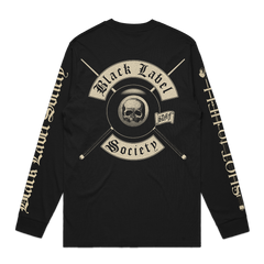 Black long-sleeved Shot To Hell Colors Longsleeve Tee with skull and text design