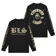 Black Shot To Hell Colors Longsleeve Tee with gothic skull graphics and text