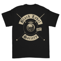 Black T-shirt with skull and Black Label Society logo, Shot To Hell Colors Tee design