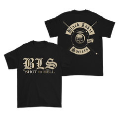 Black Shot To Hell Colors Tee featuring rock band-style graphics on front and back