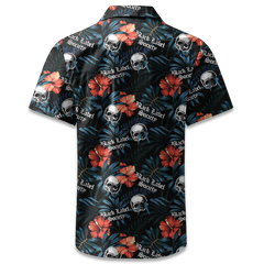 BLS Hawaiian Shirt in stretch polyester with skulls and red hibiscus on dark background