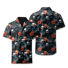 BLS Hawaiian Shirt in stretch polyester featuring skulls and red hibiscus on dark background