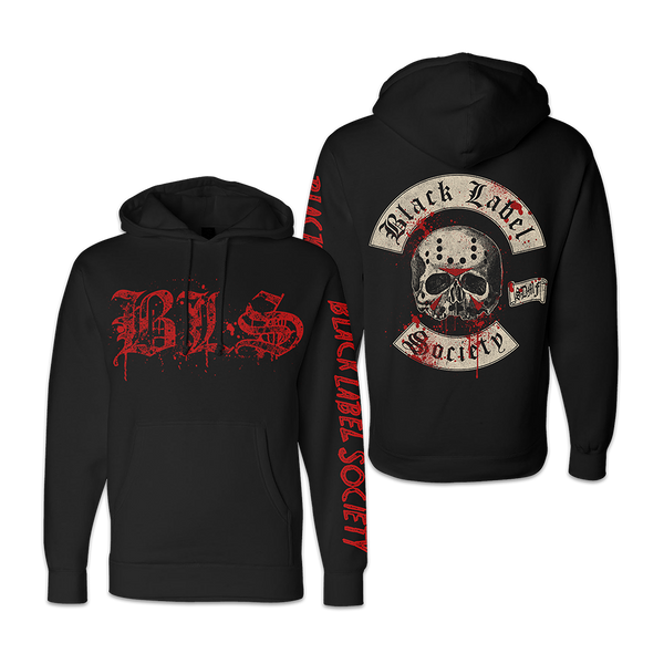 Black Gildan hoodie with skull design and red text, featuring BLS Halloween 2024 logo