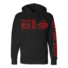 Black Gildan Hoodie with red gothic lettering on chest and left sleeve for BLS Halloween