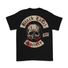 Black T-shirt with skull design and Black Label Society emblem for BLS Halloween 2024 Tee