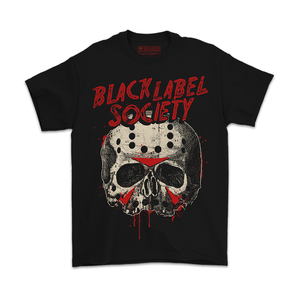 Black T-shirt with red skull design and Black Label Society text, BLS Halloween 2024 Tee