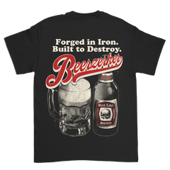 Black Beerzerker Bottle Tee featuring a beer-themed graphic design on the back