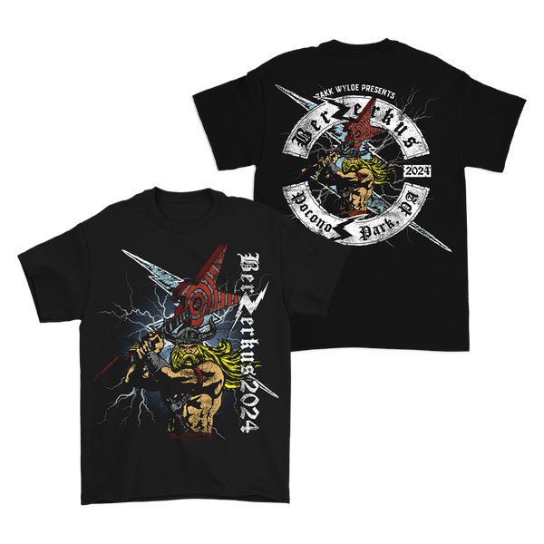 Black Viking T-Shirt with rock-style graphic designs on front and back