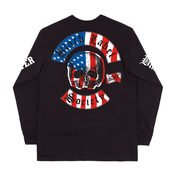 Black Henley from American Chapter featuring a patriotic skull design on the back