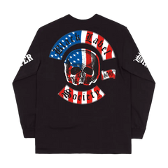 Black Henley from American Chapter featuring a patriotic skull design on the back