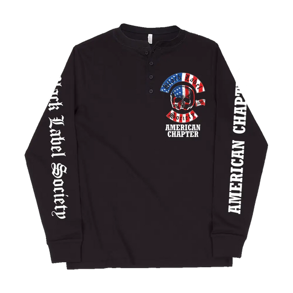 Black Henley American Chapter shirt featuring patriotic graphics and text design