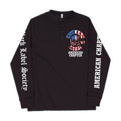 Black Henley American Chapter shirt featuring patriotic graphics and text design