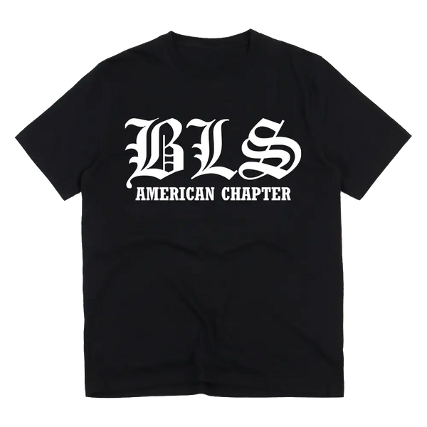 Black T-shirt featuring white BLS AMERICAN CHAPTER text, American Chapter Tee design