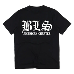 Black T-shirt featuring white BLS AMERICAN CHAPTER text, American Chapter Tee design