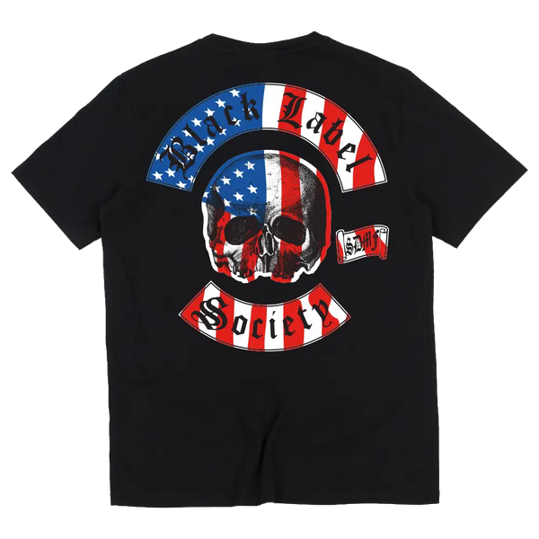 Black Chapter Tee with skull design in American flag colors and Fallen Souls text