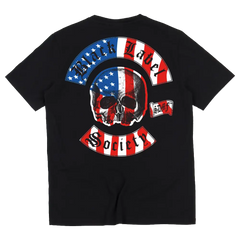 Black Chapter Tee with skull design in American flag colors and Fallen Souls text