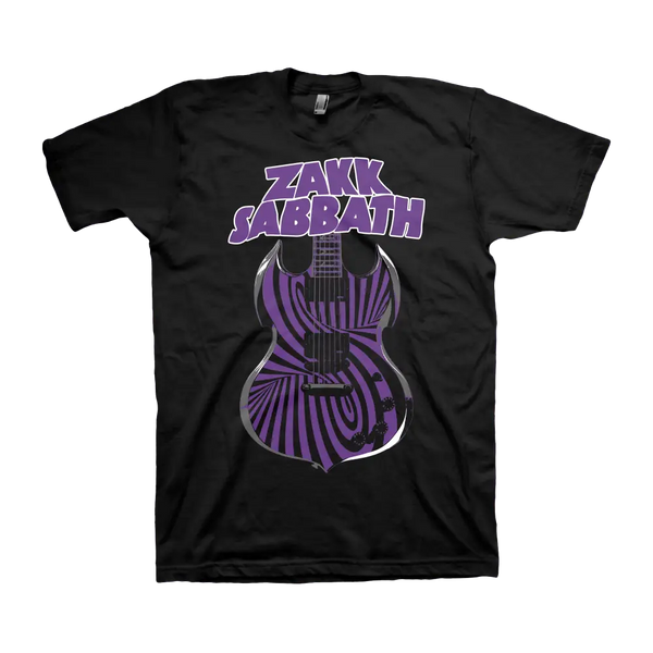 Black Barbarian Guitar Tee with purple guitar design and ZAKK SABBATH text