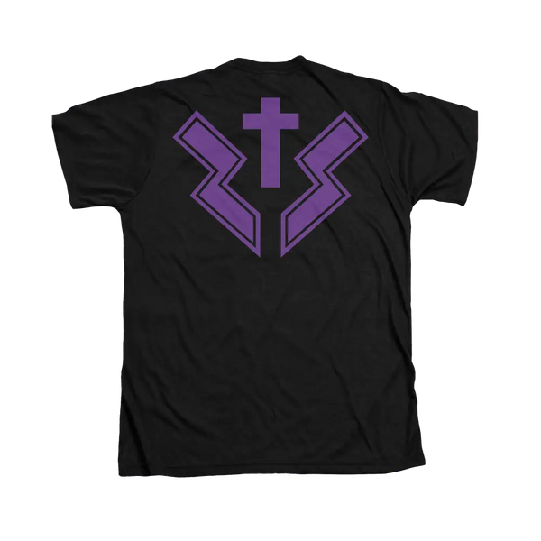 Black Barbarian Guitar Tee featuring purple cross and lightning bolt design on back