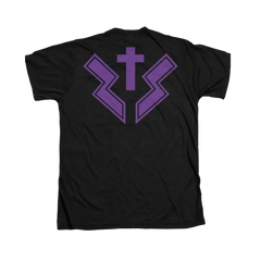 Black Barbarian Guitar Tee featuring purple cross and lightning bolt design on back