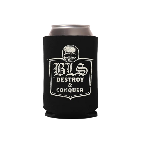 Black Beerzerker BLS Can Cooler featuring a skull logo and text Destroy & Conquer