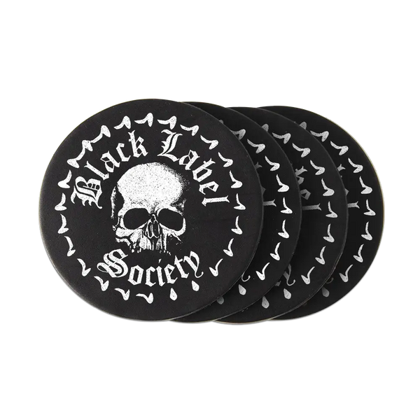 Circular black leather coasters featuring a skull logo and Black Label Society text