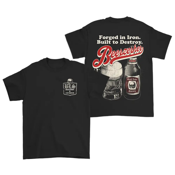 Black Beerzerker Bottle Tee with graphic design of a bottle and Breezeway text on back