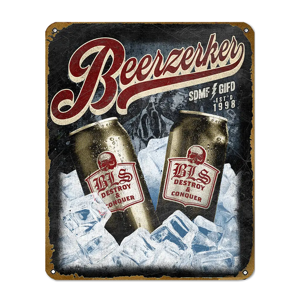 Vintage-style metal sign for Beerzerker beer with two bottles on ice, August 5th theme