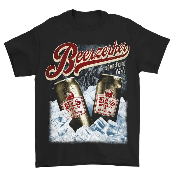 Black Beerzerker Can Tee featuring a beer graphic with bottles on ice design