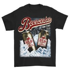 Black Beerzerker Can Tee featuring a beer graphic with bottles on ice design