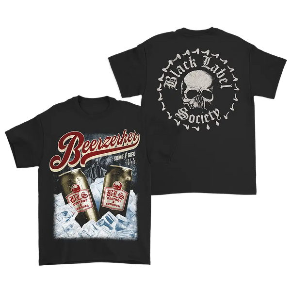 Black Beerzerker Can Tee featuring graphic designs of beer bottles and a skull logo