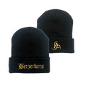 Two black knit beanies featuring gold embroidery for Black Label Society fans