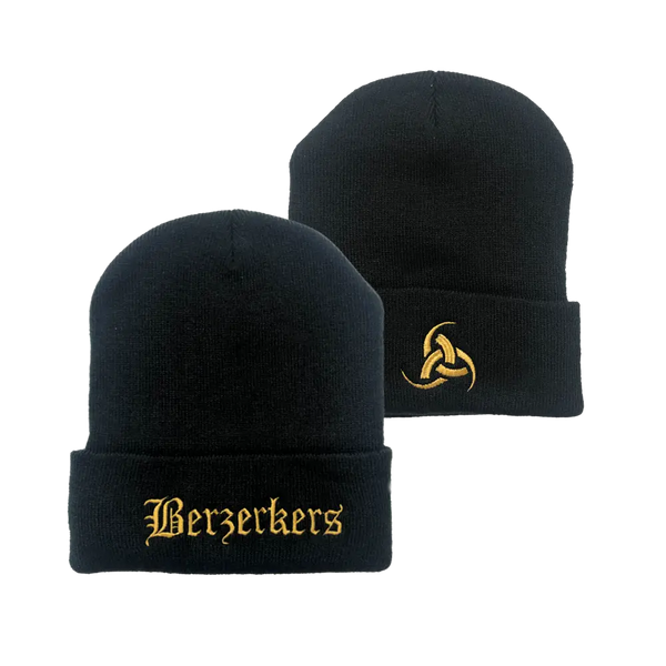 Two black knit beanies featuring gold embroidery for Black Label Society fans