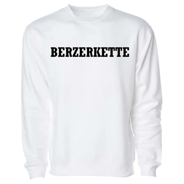 White crewneck sweatshirt featuring bold black Berzerkette Colors text across the chest