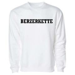 White crewneck sweatshirt featuring bold black Berzerkette Colors text across the chest